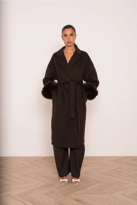 Wool-Blend Coat with Removable Faux-Fur Cuffs