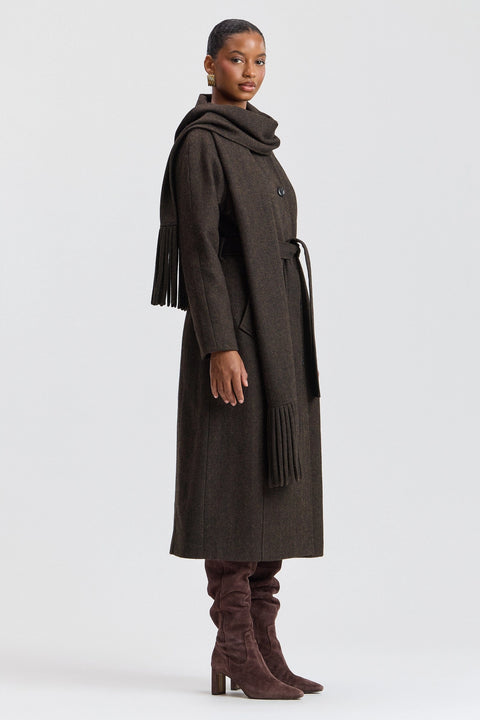 Wool-Blend Herringbone Scarf-Belted Coat