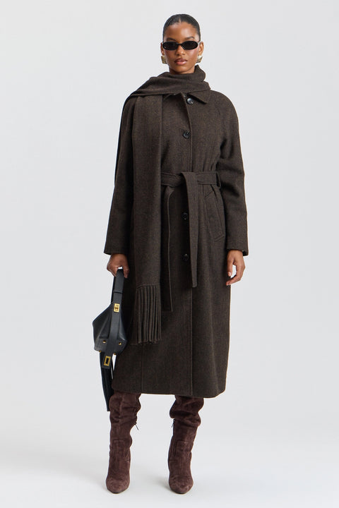 Wool-Blend Herringbone Scarf-Belted Coat