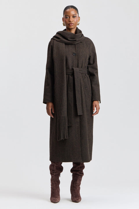 Wool-Blend Herringbone Scarf-Belted Coat