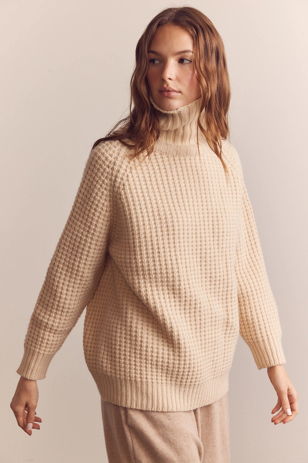 Wool Turtleneck Waffle Sweater