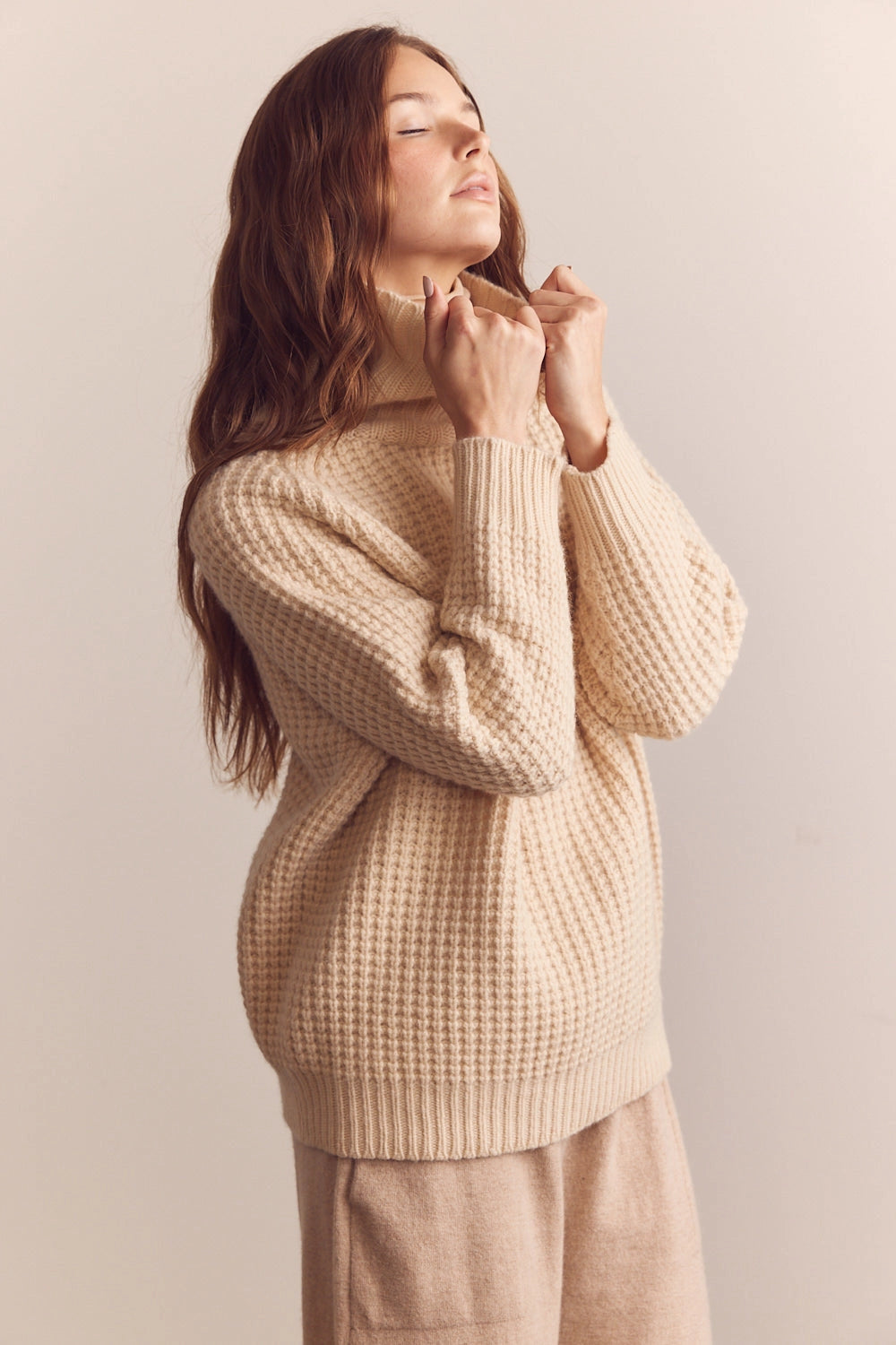 Wool Turtleneck Waffle Sweater