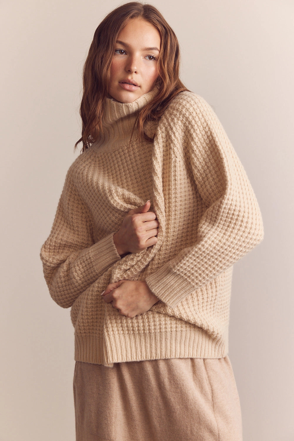 Wool Turtleneck Waffle Sweater