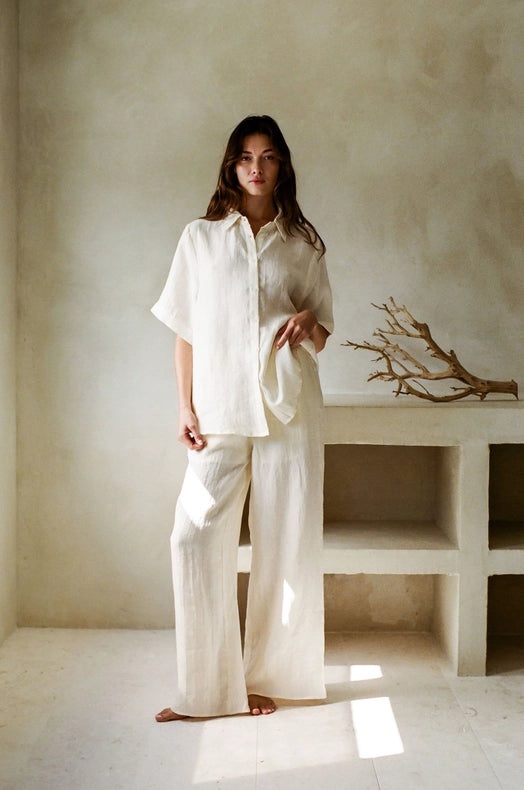 Woven 100% Linen High Waist Wide Leg Pants-Pants-a.ren-S-Off White-Urbanheer