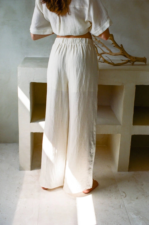 Woven 100% Linen High Waist Wide Leg Pants-Pants-a.ren-S-Off White-Urbanheer