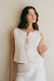 Woven 100% Linen Pleated Bow Tie Front Ruffled Crew Off White-Tank Top-By Together-S-Off White-Urbanheer