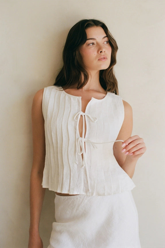 Woven 100% Linen Pleated Bow Tie Front Ruffled Crew Off White-Tank Top-By Together-S-Off White-Urbanheer
