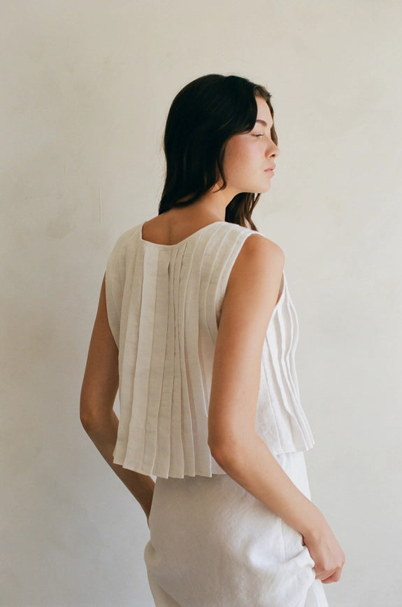 Woven 100% Linen Pleated Bow Tie Front Ruffled Crew Off White-Tank Top-By Together-S-Off White-Urbanheer