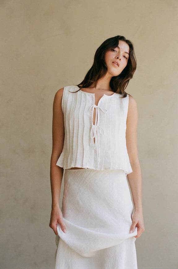 Woven 100% Linen Pleated Bow Tie Front Ruffled Crew Off White-Tank Top-By Together-S-Off White-Urbanheer