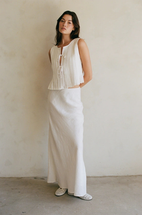 Woven 100% Linen Pleated Bow Tie Front Ruffled Crew Off White-Tank Top-By Together-S-Off White-Urbanheer