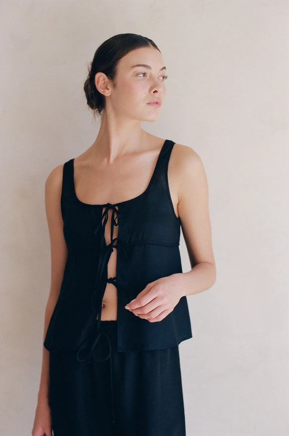 Woven 100% Linen Sleeveless Front Ribbon Tie Top Black-Tank Top-By Together-S-Black-Urbanheer