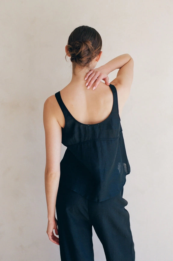Woven 100% Linen Sleeveless Front Ribbon Tie Top Black-Tank Top-By Together-S-Black-Urbanheer