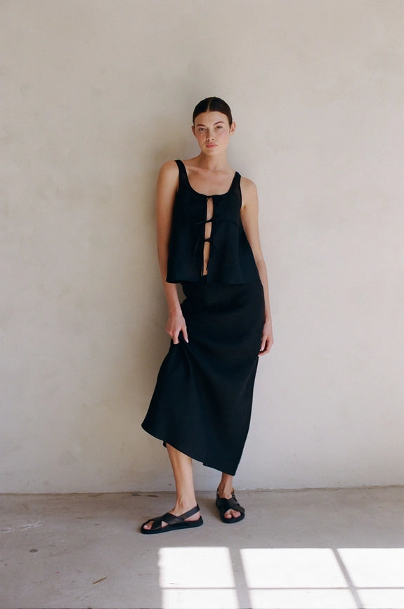 Woven 100% Linen Sleeveless Front Ribbon Tie Top Black-Tank Top-By Together-S-Black-Urbanheer