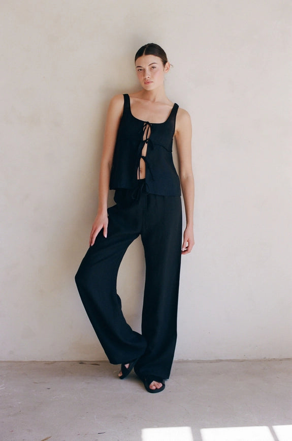 Woven 100% Linen Sleeveless Front Ribbon Tie Top Black-Tank Top-By Together-S-Black-Urbanheer