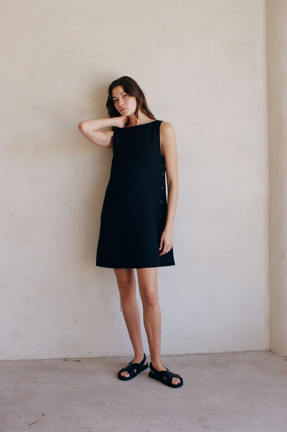 Woven 100% Linen Sleeveless Side Buttoned Mini Black-Dress-By Together-S-Black-Urbanheer