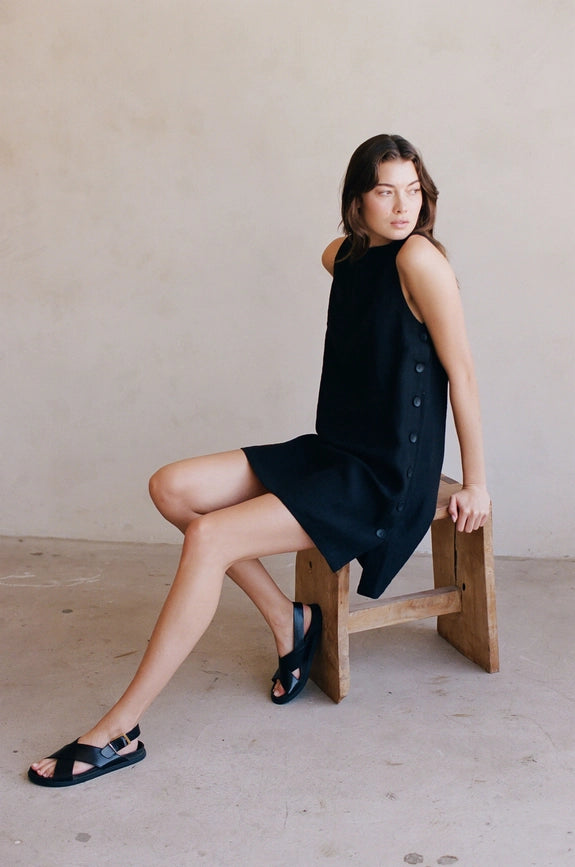 Woven 100% Linen Sleeveless Side Buttoned Mini Black-Dress-By Together-S-Black-Urbanheer