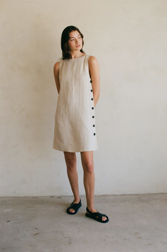 Woven 100% Linen Sleeveless Side Buttoned Mini Linen-Dress-By Together-S-Linen-Urbanheer