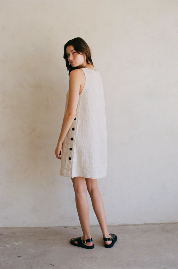 Woven 100% Linen Sleeveless Side Buttoned Mini Linen-Dress-By Together-S-Linen-Urbanheer
