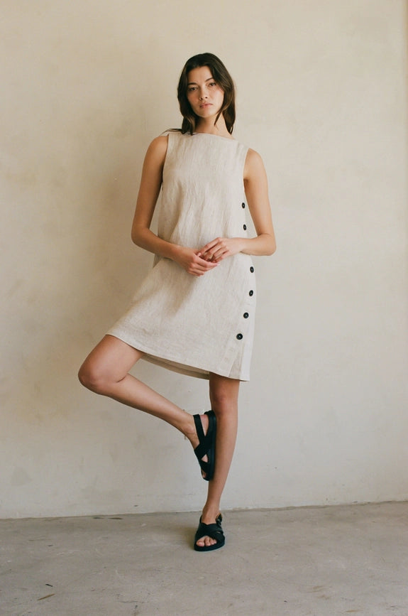Woven 100% Linen Sleeveless Side Buttoned Mini Linen-Dress-By Together-S-Linen-Urbanheer
