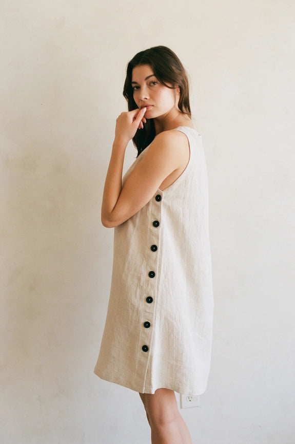 Woven 100% Linen Sleeveless Side Buttoned Mini Linen-Dress-By Together-S-Linen-Urbanheer