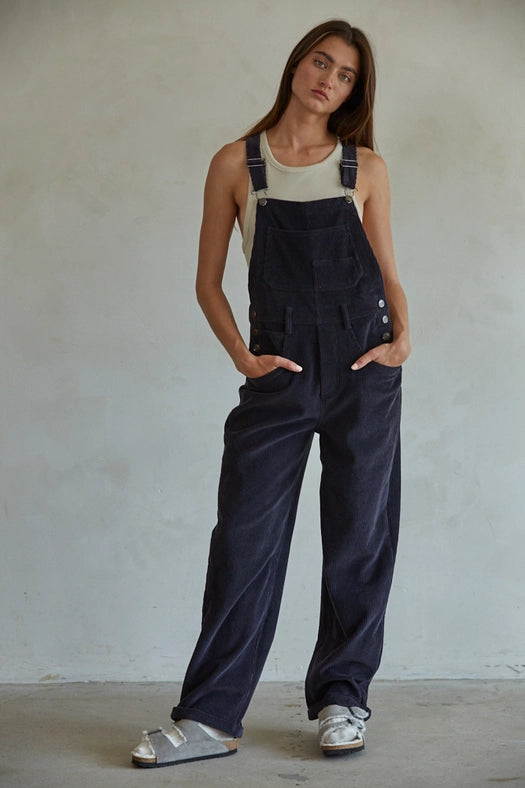Woven Cotton Corduroy Sleeveless Overalls Jumpsuit-Jumpsuit-By Together-S-Washed Black-Urbanheer