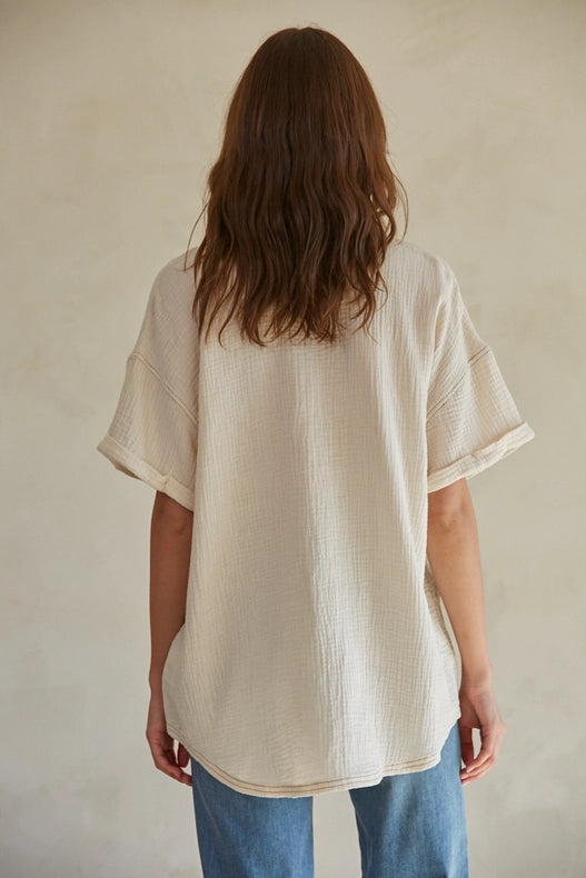 Woven Cotton Gauze Button Down Shirt Top-TOP-By Together-S-Cream-Urbanheer