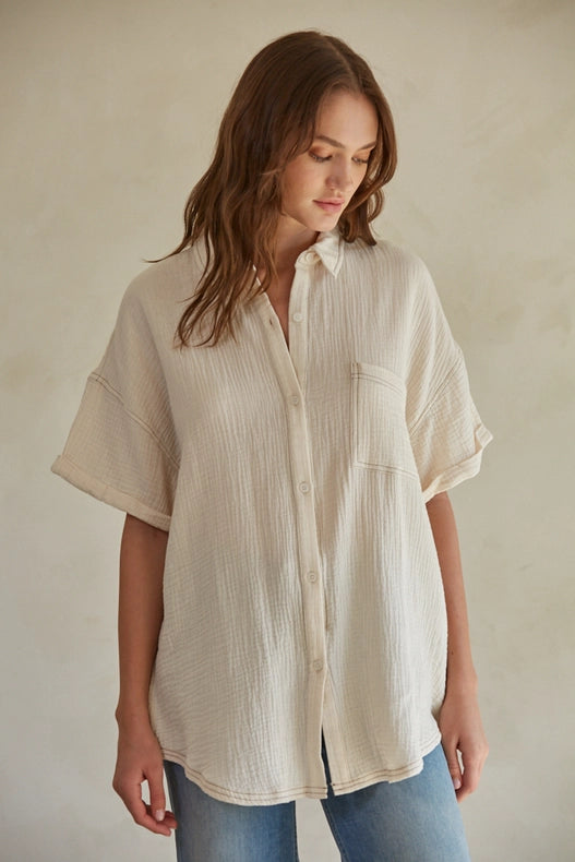 Woven Cotton Gauze Button Down Shirt Top-TOP-By Together-S-Cream-Urbanheer