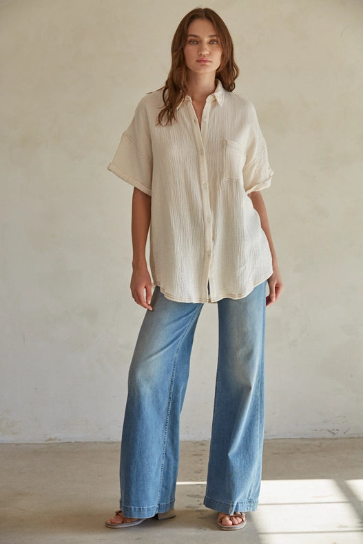 Woven Cotton Gauze Button Down Shirt Top-TOP-By Together-S-Cream-Urbanheer