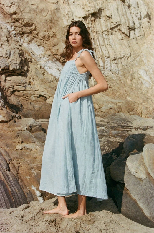 Woven Cotton Gauze Maxi Dress with Side Pockets Light Blue-Dress-a.ren-S-Light Blue-Urbanheer