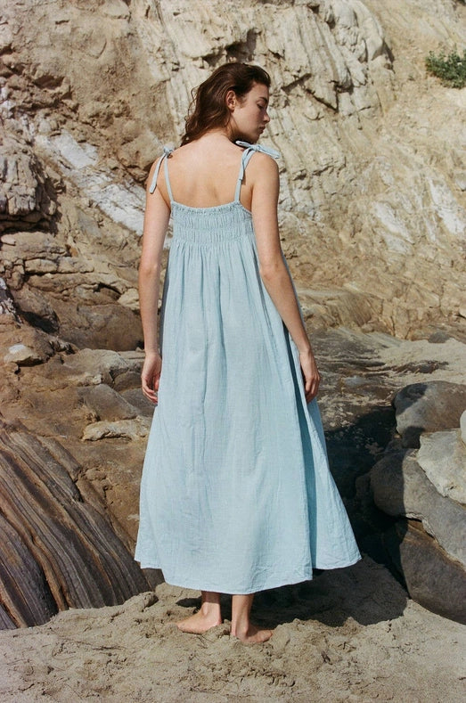 Woven Cotton Gauze Maxi Dress with Side Pockets Light Blue-Dress-a.ren-S-Light Blue-Urbanheer