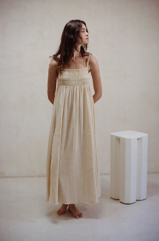 Woven Cotton Gauze Maxi Dress with Side Pockets Natural-Dress-a.ren-S-Natural-Urbanheer