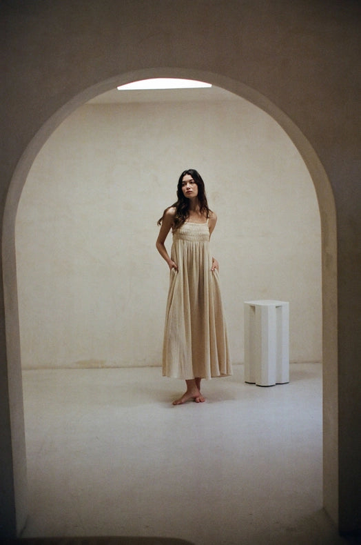 Woven Cotton Gauze Maxi Dress with Side Pockets Natural-Dress-a.ren-S-Natural-Urbanheer