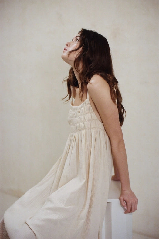 Woven Cotton Gauze Maxi Dress with Side Pockets Natural-Dress-a.ren-S-Natural-Urbanheer