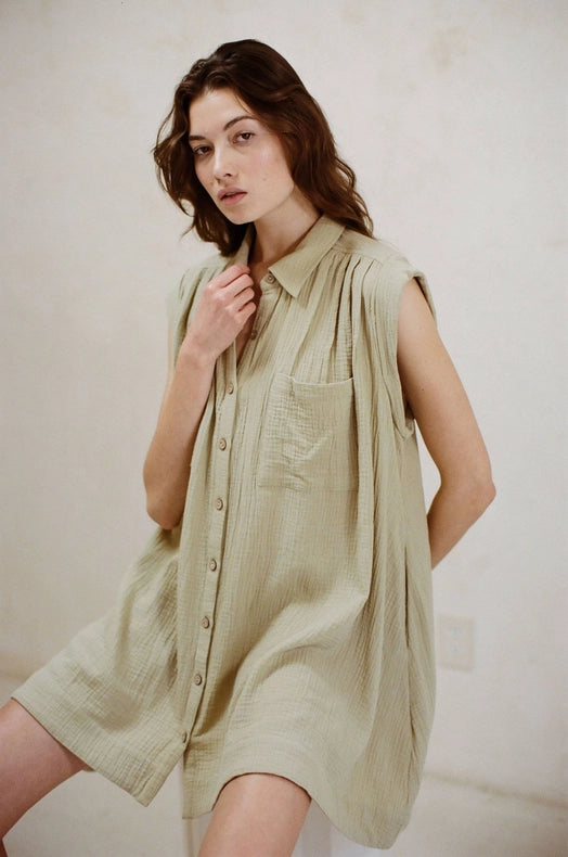 Woven Cotton Gauze Sleeveless Tunic Dress Dusty Sage-Tunic Dress-a.ren-S-Dusty Sage-Urbanheer