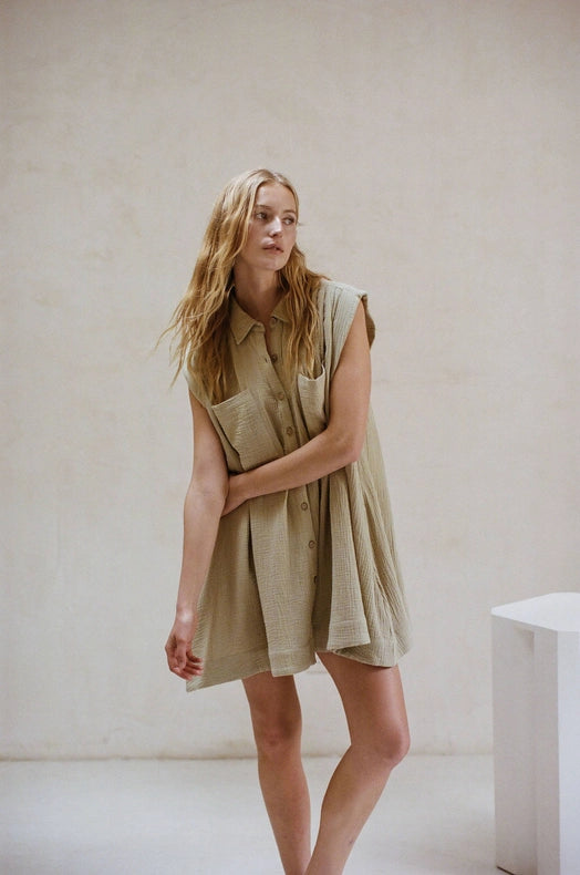 Woven Cotton Gauze Sleeveless Tunic Dress Dusty Sage-Tunic Dress-a.ren-S-Dusty Sage-Urbanheer