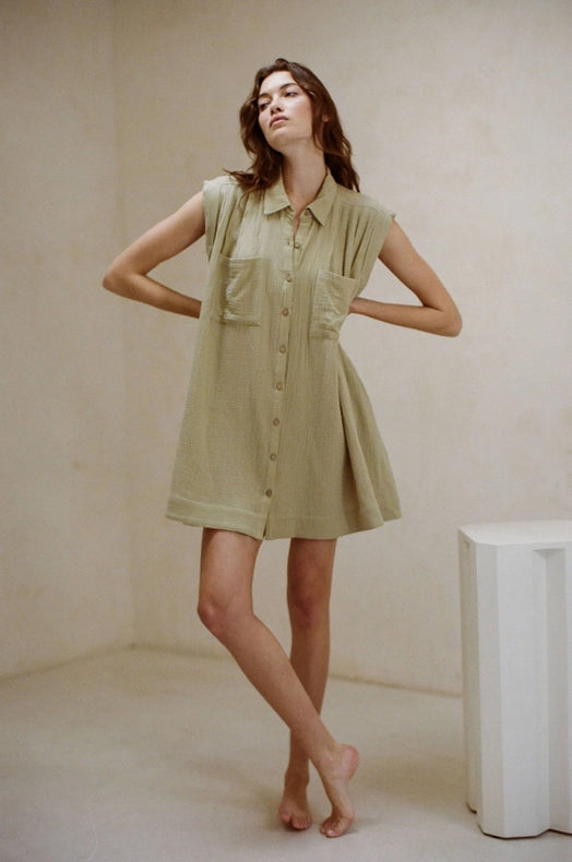 Woven Cotton Gauze Sleeveless Tunic Dress Dusty Sage-Tunic Dress-a.ren-S-Dusty Sage-Urbanheer