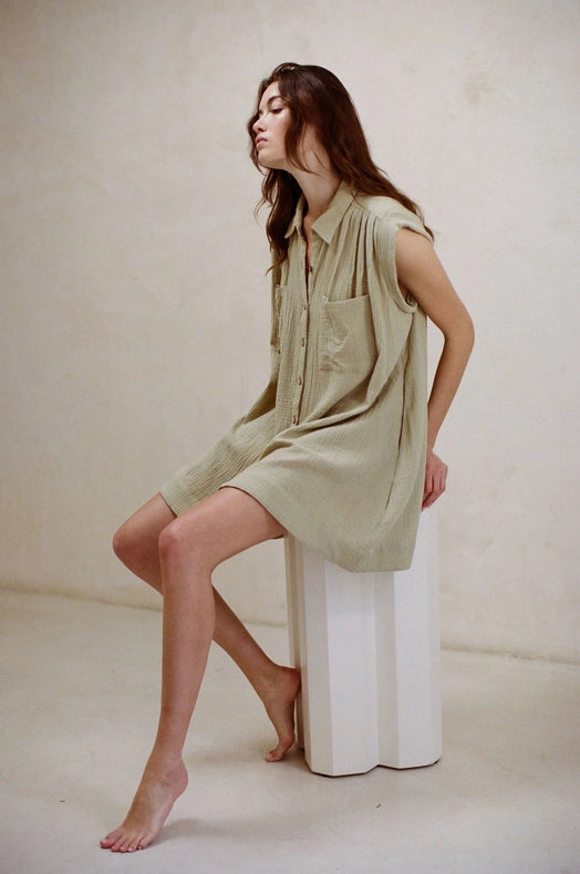 Woven Cotton Gauze Sleeveless Tunic Dress Dusty Sage-Tunic Dress-a.ren-S-Dusty Sage-Urbanheer