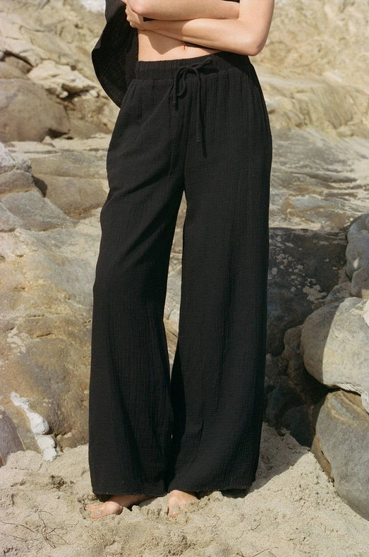 Woven Cotton Gauze Wide Leg Pants with Pockets-Pants-a.ren-S-Black-Urbanheer