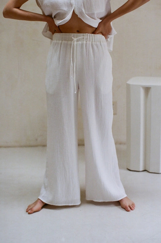 Woven Cotton Gauze Wide Leg Pants with Pockets-Pants-a.ren-S-Off White-Urbanheer