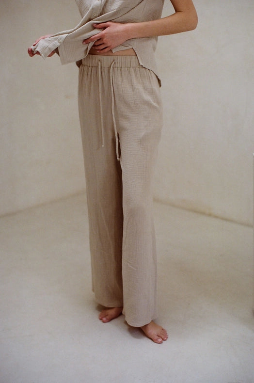 Woven Cotton Gauze Wide Leg Pants with Pockets-Pants-a.ren-S-Taupe-Urbanheer