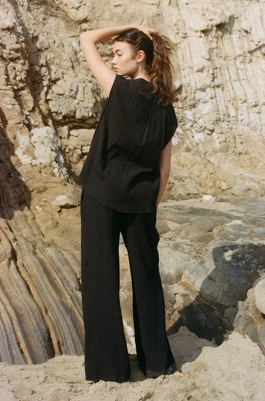 Woven Cotton Gauze Wide Leg Pants with Pockets-Pants-a.ren-S-Black-Urbanheer