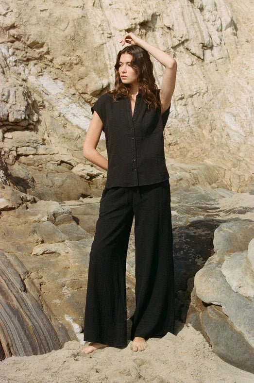 Woven Cotton Gauze Wide Leg Pants with Pockets-Pants-a.ren-S-Black-Urbanheer