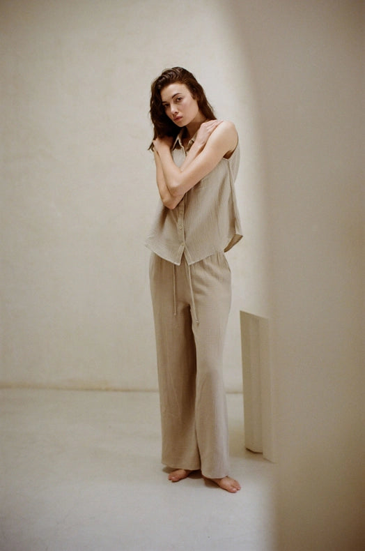 Woven Cotton Gauze Wide Leg Pants with Pockets-Pants-a.ren-S-Black-Urbanheer