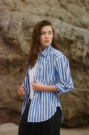 Woven Cotton Striped Button Down Shirt Top-Top-a.ren-S-Blue White-Urbanheer