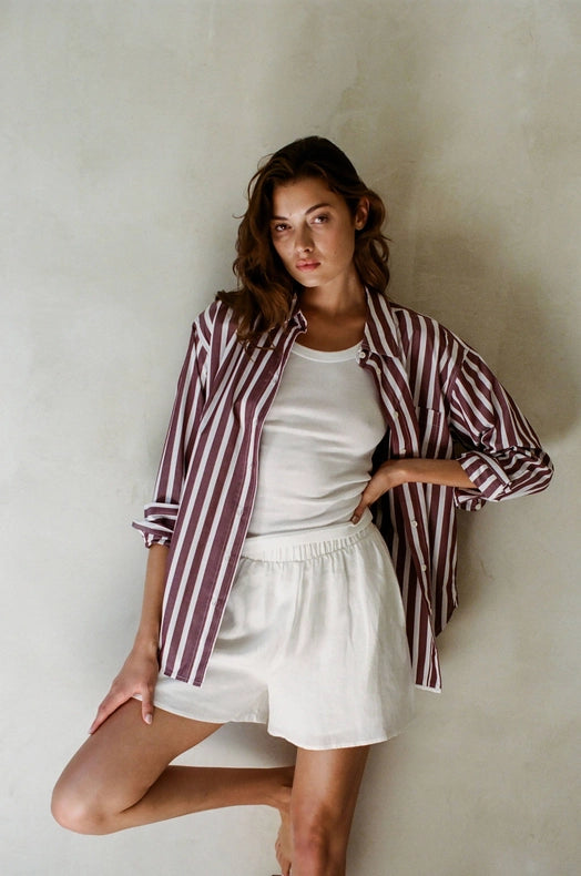 Woven Cotton Striped Button Down Shirt Top-Top-a.ren-S-Burgundy White-Urbanheer