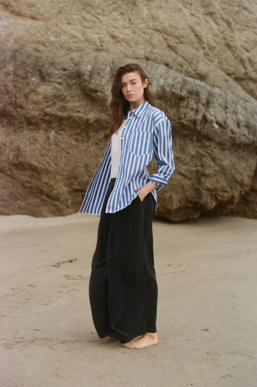 Woven Cotton Striped Button Down Shirt Top-Top-a.ren-S-Blue White-Urbanheer