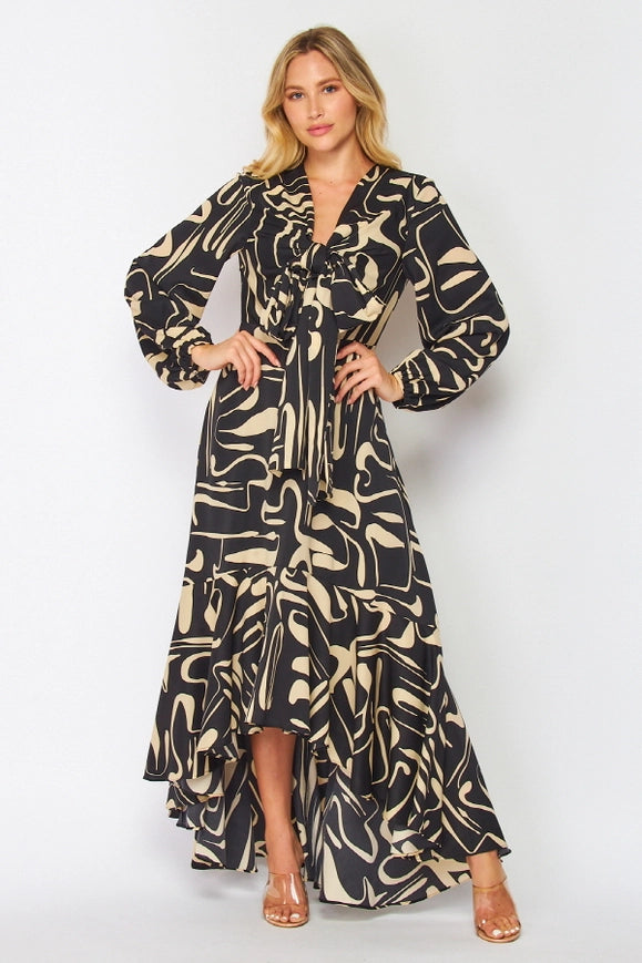 Woven Geometric Print Long Sleeve Maxi Dress-Dress-B I G H I T Fashion-S-Urbanheer