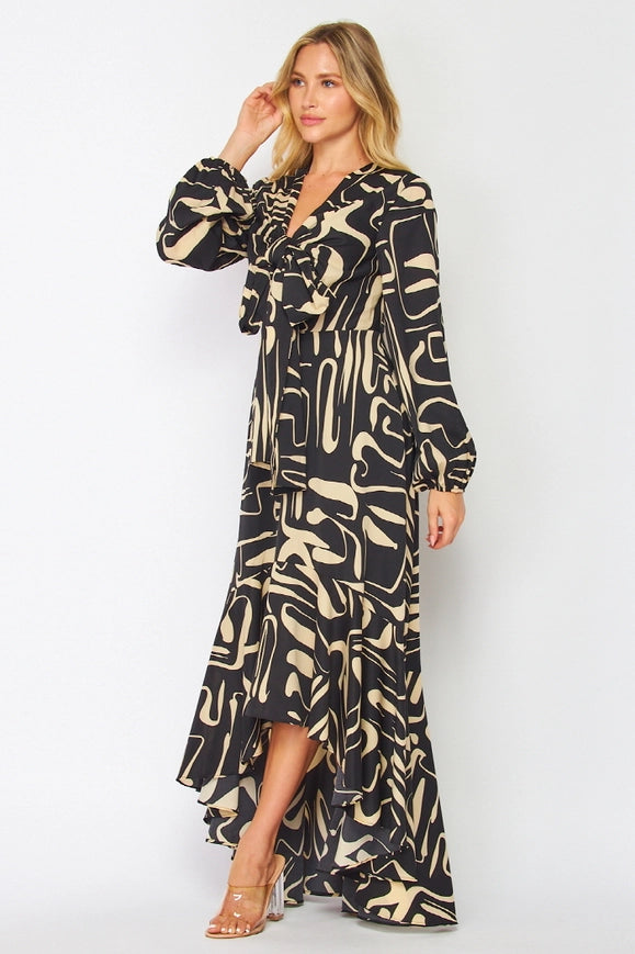 Woven Geometric Print Long Sleeve Maxi Dress-Dress-B I G H I T Fashion-S-Urbanheer
