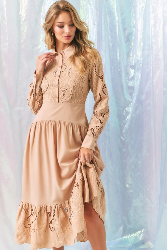 Woven Lace Shirt Tiered Full Dress BEIGE-Dress-RIVIR-S-Urbanheer