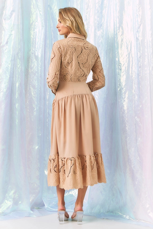Woven Lace Shirt Tiered Full Dress BEIGE-Dress-RIVIR-S-Urbanheer